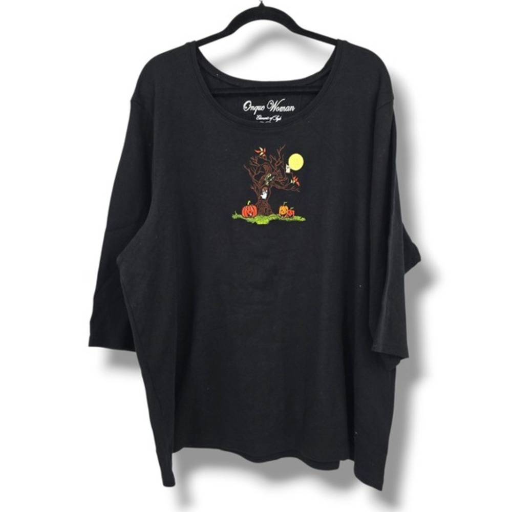 Onque Woman Black Halloween Embroidered Tree Pumpkins Owl Moon 3X‎ Top Shirt